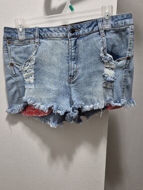Light Blue Distressed Denim Shorts with Red Bandana Accent
